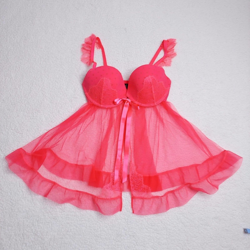 Victorias Secret Lingerie Babydoll Pink Push Up 36D Polka Dots Lace Front Close